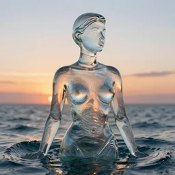 portrait woman made of glass emerging out of the ocean at sunset, realistic reflections, translucent body, ray tracing, 3 - d render, intricate details, masterpiece, glass form, glass body