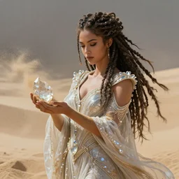 an anthropomorphic beautiful goddess female wizard portrait holding a crystal wearing robe made of sands in a sandstorm, dreadlock breed hair, fine art, award winning, intricate, elegant, sharp focus, octane render, hyperrealistic, cinematic lighting, highly detailed, digital painting, 8 k concept art, art by jamie hewlett and z. w. gu, masterpiece, trending on artstation, 8 k
