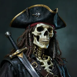 photo of a skeletal pirate ghost head and torso with a tricorne hat and sword, photorealistic, dark, atmospheric lighting, painted, intricate, ultra detailed, well composed, best on artstation, cgsociety, epic, stunning, gorgeous, intricate detail, wow, masterpiece
