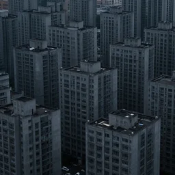 a city made completely of equidistant, identical concrete buildings. melancholy, dark, dirty, 4 k photography.