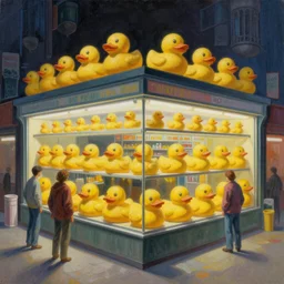 A mixed media painting of a department store that only sells yellow rubber ducks, by Frank Frazetta, Greg Rutkowski, Beeple, post-processing, low angle, masterpiece, cinematic, isometric, volumetric lighting