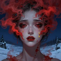 crying face of gorgeous woman made of red smoke and ash with golden tears, art by beksinski, deep eyes, dark blue atmosphere, snow landscape background, concept art, artstation, art by anato finnstark, art by toshihiro egawa