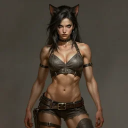 very muscled Amazon cat girl as a ruggedly mean looking heroine, intricate, elegant, highly detailed, centered, digital painting, artstation, concept art, smooth, sharp focus, illustration, art by artgerm and donato giancola and Joseph Christian Leyendecker, WLOP