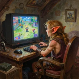 fantasy oil painting, goblin sitting at a gaming pc, as a dnd character, playing smash brothers, big monitor, 9 0 s crt, inside a cluttered bedroom, cottagecore, extremely detailed, bookcover illustration, concept art, readability, smooth, sharp focus, art by brothers hildebrandt, art by alex grey