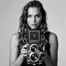 photo of Gal Gadot by Diane Arbus, black and white, high contrast, Rolleiflex, 55mm f/4 lens