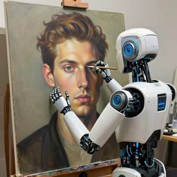 robot artist painting a self - portrait on a canvas. intricate, highly detailed, digital matte painting, in the style of sachin teng, and in the style of hans thoma, and in the style of gil elvgren. irony, recursion, inspiration.