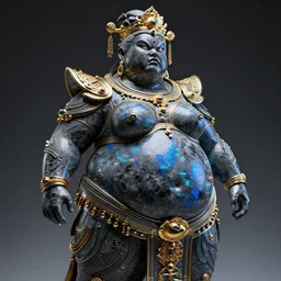 intricate holographic realistic full - body sculpture of futuristic digital obese angry singaporean empress, stone and glass and gold, high contrast, blue and black, masterpiece