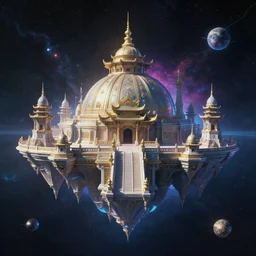 ancient palace floating in the space, retrowave epic art, trending on art station