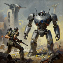 scene from future robot war, highly detailed, painting by otto dix and greg rutkowski 8 k