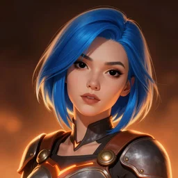 illustrated realistic tilted head portrait human female prong-horned with blue bob hair and solid black-eyes black sclera wearing strap leather armor, orange glow, backlit by rossdraws