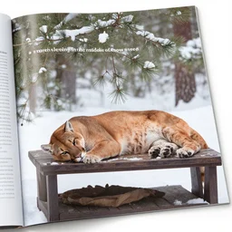 magazine page showing 'a cougar sleeping in the middle of snowy pine tree' laying on coffee table, zoomed out shot, HD