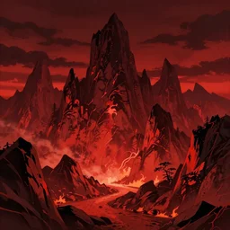 Landscape of infernal mountains with red dark sky, ambient lighting, 4k, anime key visual, lois van baarle, ilya kuvshinov, rossdraws, artstation