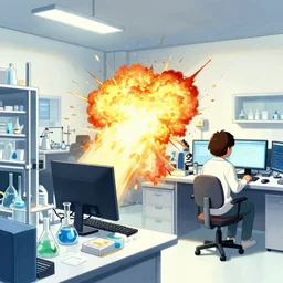 goro fujita ilustration a science laboratory in a game dev studio office, explosion in the laboratory, small sparkles from computers, painting by goro fujita, sharp focus, highly detailed, artstation