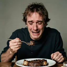 a portrait of jordan peterson crying while eating a steak by francis bacon