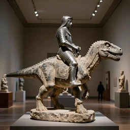 medieval english, photo of stone statue, of a night in armor riding a dinosaur, romanesque style, in a large museum room
