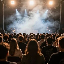groups of people in front of a stage, from behind, wide angle, smoke, highly detailed, beautiful lighting