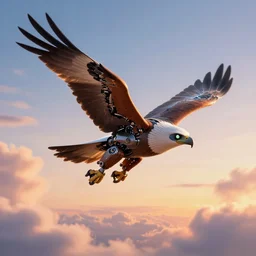 a robot terathopius ecaudatus flying in the sky, sunset, mechanical bateleur eagle, fluffy clouds, beautiful digital art, pixiv
