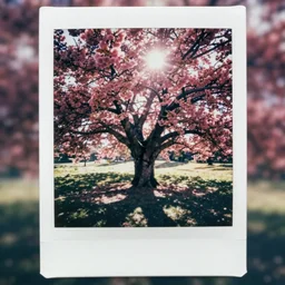 analog polaroid of cherry tree, dark pink cherries, sunlight, lens flare