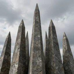 Tapered Stone Monuments with sharp edges point to the overcast sky, Digital Art, 8k, Highly Detailed