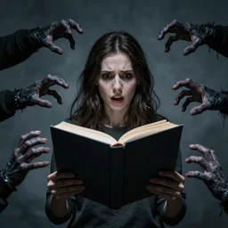 terrified woman holding a book with monster hands coming from it, horror high quality DSLR photography