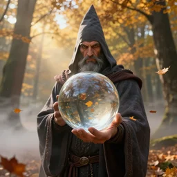 рhoto portrait of mighty wizard holding in hand huge clear glass fresnel ball in the sunshine autumn forest, falling autumn leaves are reflected in the ball, foggy bottom, god rays, ultrasharp, photo by john berkley, greg rutkowski, clyde caldwell, perfect anatom, perfect face, octane render, artstation, epic composition, detailed, cinematic