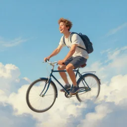 A whimsical painting of a happy man flying in the sky on his bicycle in the clouds, digital art by Ross Tran