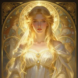 digital character concept art by artgerm and greg rutkowski and alphonse mucha. clear portrait of a young wife blessed by god to uncontrollably become overwhelmingly perfect!! blonde, clothed! obviously feminine holy body!! light effect. hyper detailed, glowing lights!! intricate, elegant, digital painting, artstation, smooth, sharp focus