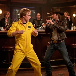 scene from a new kill bill movie, featuring vitalik buterin wearing yellow jumpsuit and charles hoskinson wearing cowboy clothing, action scene in a bar, cinematic, rock band in the background, directed by quentin tarantino