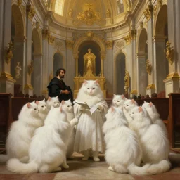 beautiful oil matte painting, white fluffy cats holding a church ceremony inside a baroque cathedral, wonderful masterpiece highly detailed, beautiful cinematic light deep focus, elegant, digital painting, smooth, sharp focus, golden ratio, dramatic illumination, ultra realistic, 8 k, art by giovanni bellini and caravaggio