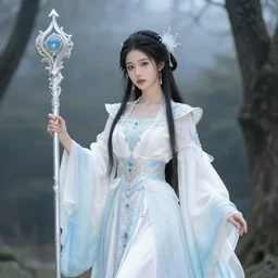 photograph of a real-life beautiful sky witch with ornate white and light blue robes and staff.  Extremely detailed. 8k