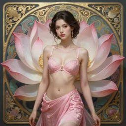 a photograpic portrait of a anthropomorphic lotus - blossom wearing pink clothes and bra, attractive, fantasy, intricate, elegant, highly detailed, digital painting, artstation, concept art, smooth, sharp focus, illustration, art by artgerm and h r giger and alphonse mucha