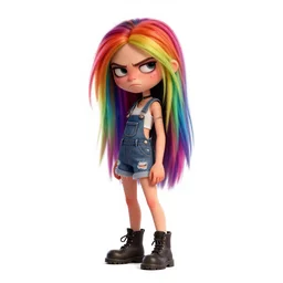 a grungy alternative pixar woman with rainbow hair, drunk, angry, soft eyes and narrow chin, dainty figure, long hair straight down, torn overalls, short shorts, combat boots, basic white background, side boob, symmetrical, single person, style of by Jordan Grimmer and greg rutkowski, crisp lines and color,