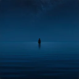 a masterpiece painting of a scene with an endless calm ocean under starred sky, a small silhouette of a pirate with dreadlocks in the middle, bu greg rutkowski, wlop and ross tran
