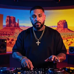 ultra realistic portrait of dj khaled in a studio, ultra detailed, under blue, red and yellow cinematic lighting, salvador dali, cartoon, monument valley, escher