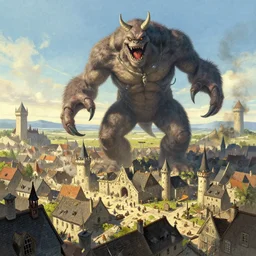 a beautiful artwork illustration, a giant monster stepping on a medieval village, destruction, by Greg Rutkowski and Jesper Ejsing and Raymond Swanland, featured on artstation, wide angle, vertical orientation