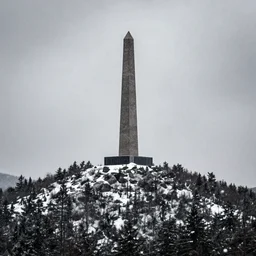 a monolithic obelisk towering over a mountain in a taiga. overcast sky, grainy, snowing.