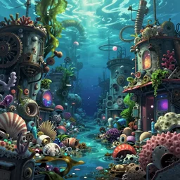 painted anime background of a flooded underwater slums shopping district built from various sea shells and corals and being reclaimed by nature, seaweed, light diffraction, litter, steampunk, cyberpunk, cool colors, caustics, anime, vhs distortion, shot underwater looking up, inspired by splatoon by nintendo, art created by miyazaki