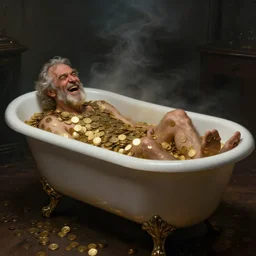 a wide angle side view of a greedy old man laughing hysterically who is covered in gold coins and laying in a white porcelain antique clawfoot bathtub that is filled and overflowing with gold coins. very dark room, cinematic, smoke, dark, moody, smokey lighting, dimly lit. detailed digital painting trending artstation concept art