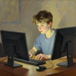 An oil Renaissance painting of a teenager on his computer