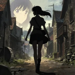 pixiv, key anime visual portrait of a young female walking through a medieval village, dynamic pose, dynamic perspective, cinematic, dramatic lighting, detailed silhouette, film grain, yoshitaka amano, tending on artstation, face by yoh yoshinari, detailed, intricate