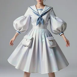 designer figure collection ball shaped accordion sleeve haute couture, sailor uniform, midi skirt, coat pleats, synthetic curves striking pose, dynamic folds, cute huge pockets hardware, volume flutter, youthful, modeled by modern designer bust, body fit, award fashion, primary gradient scheme, light holographic tones, expert composition, high detail, professional retouch, editorial photography
