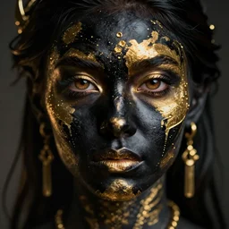 a stunning ultra detailed fantasy fine art portrait photo of a girl fully covered in black and gold face paint, by tom bagshaw, artgerm and natalie shau, black skin with gold makeup, 3 5 mm lens, golden ratio composition, deep depth of field, perfect eyes and face, cyberpunk, soft lighting, artstation, 8 k