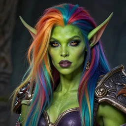 beautiful glamorous greenskin orc girl with multicolored - rainbow hair character world of warcraft portrait, concept art, intricate details, highly detailed photorealistic portrait in the style of adam hughes, seseon yoon, artgerm and warren louw