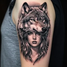 a tattoo design of a beautiful girl under a wolf head, in the style of den yakovlev, hyper - realistic, amazing detail
