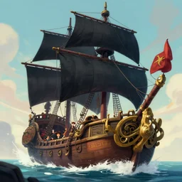 photo cartoon illustration comic manga painting of pirate ship with black sails,, fantasy environement, digital painting, volumetric lighting by feng zhu, 3 d alejandro alvarez alena aenami artworks in 4 k beeple, by thomas kinkade hearstone league of legends dofus overwatch