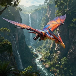 wide angle view of swooping (orange red cerulean indigo) pterodactyl, over a deep canyon, mountainous jungle setting, trees, waterfall, river, rocks, dramatic lighting, highly detailed, artstation, unreal engine, matte painting in the style of craig mullins, Uncharted 4, fish eye lens, 8k HDR