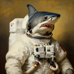 cosmonaut with the head of a shark, proudly posing for a portrait, painted by rembrandt, intricate, detailed, atmospheric lighting, golden hour.
