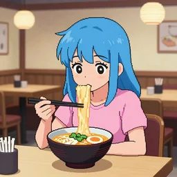 'pixel art anime girl in ramen cafe, blue and pink soft colors, 1990'