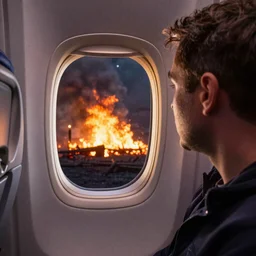 passenger looking a wildfire at window in airplane, by romain hugault