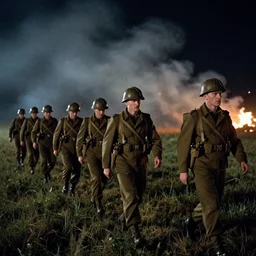 a color photograph of a line of ww 2 solders walking in a field at night. in the background there is smoke and fire. christopher nolan style. cinematic!! shot. movie film frame. cinematography. detailed. hq. in - frame. imax. anamorphic!! film. anamorphic bokeh!!!. kodak. helios 4 4 m.